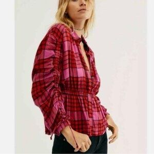 Free People | We the Free Red/Pink Pacific Dawn Plaid Button Up Blouse Sz M